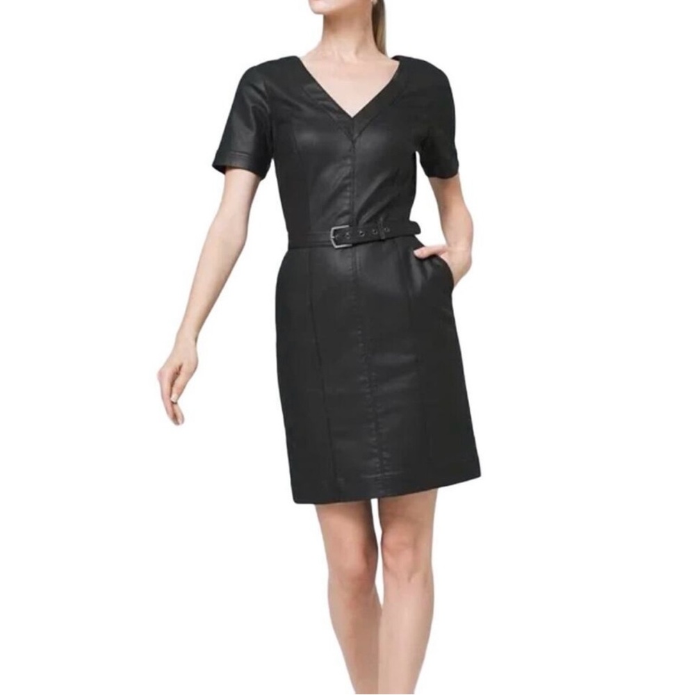White House Black Market Black Faux-Leather V-Neck Belted Dress